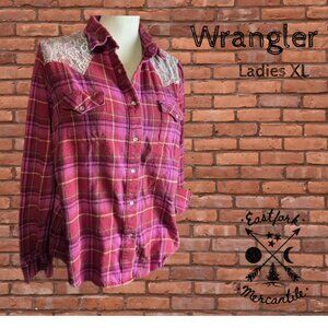 Wrangler, Ladies Flannel Pink Plaid n' Lace Western Pearl Snap Shirt, XL